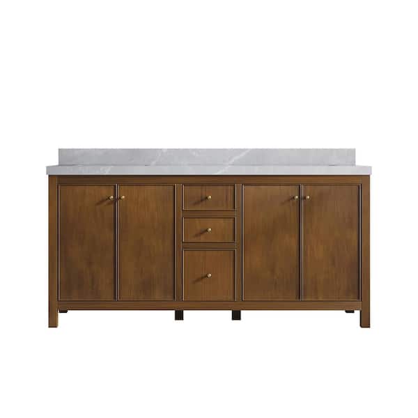 Willow Collections Chicago Teak 72 in. W x 22 in. D x 36 in. H Double Sink Bath Vanity in Dark Natural with 2" Pearl Gray Qt. Top