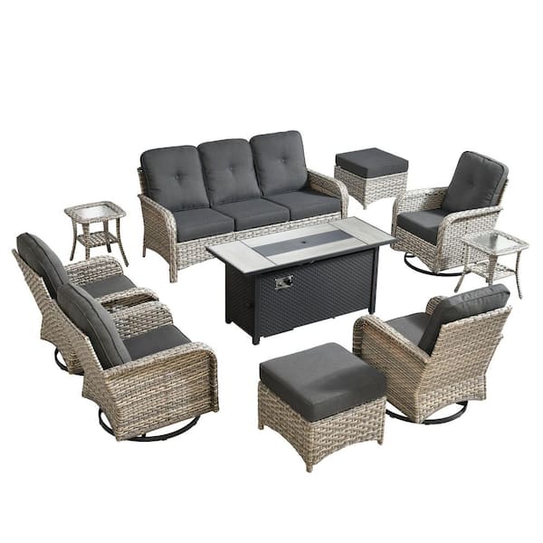 Ruby 10-Piece Wicker Outdoor Fire Pit Furniture Patio Conversation Sofa Set with Swivel Chairs and Black Cushions