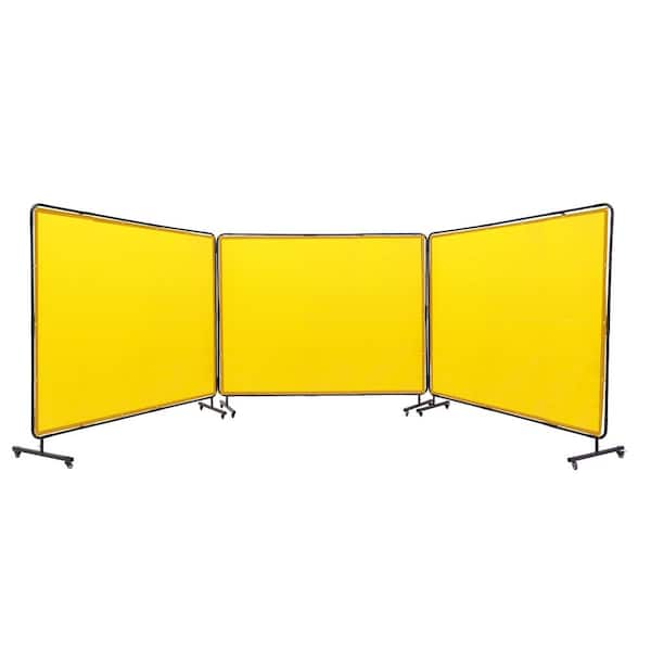SKYSHALO Welding Screen with Frame 6 ft. x 8 ft. 3-Panel Welding Curtain Screens Flame-Resistant on 12-Swivel Wheels Yellow