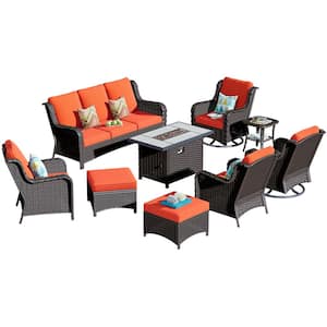 Joyoung Brown 9-Piece Wicker Patio Rectangle Fire Pit Conversation Set with Orange Red Cushions and Swivel Chairs