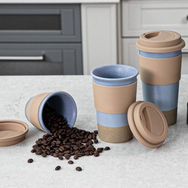 Numhew 20 oz. Blue Ceramic Travel To GoCoffee Mug Set with Silicone Lid and Non-Slip Sleeve, Microwave Safe (Set of 3)