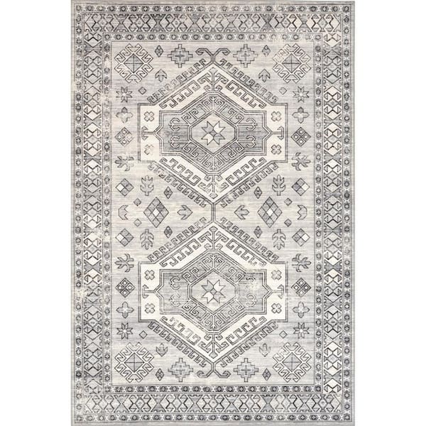 nuLOOM Mae Machine Washable Light Grey 8 ft. x 10 ft. Medallion Area Rug