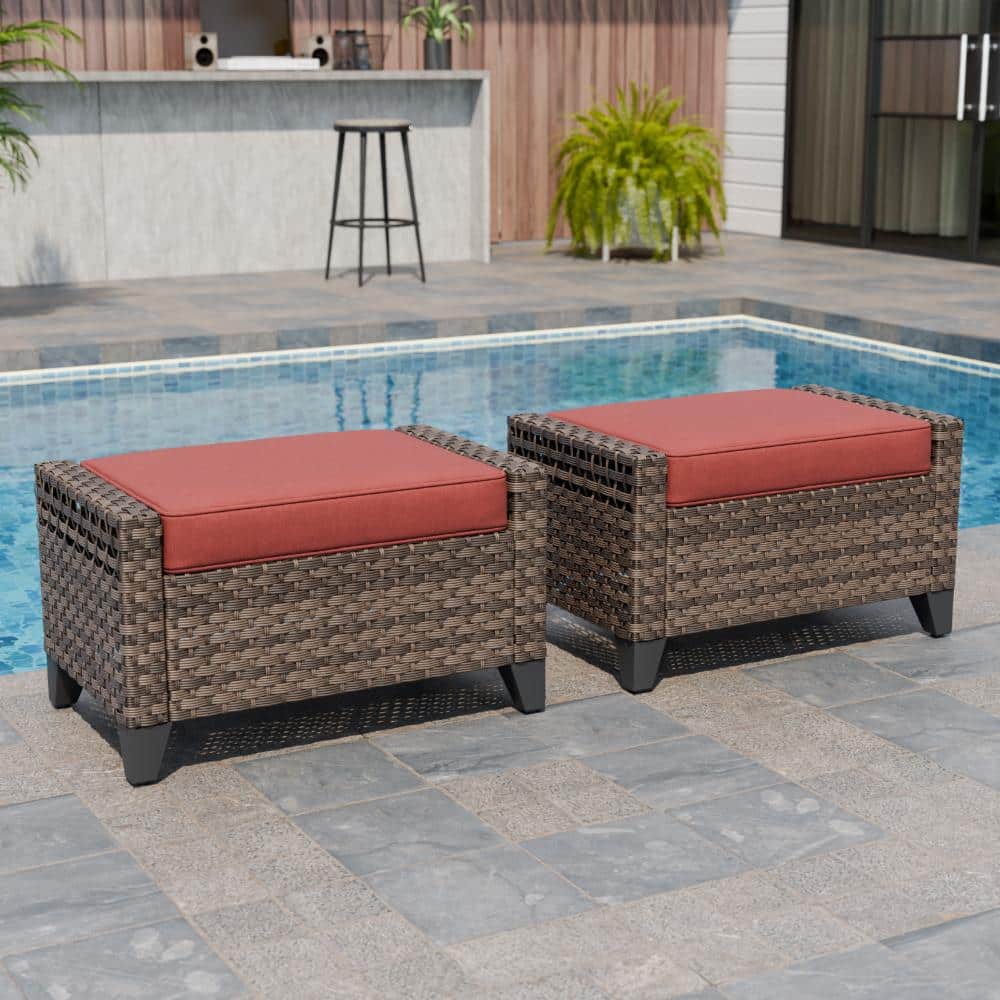 Patio Wicker Ottoman Set of 2 Rattan Footstools w/ Hand-Woven PE Rattan Removable Soft Cushion All-Weather, Red