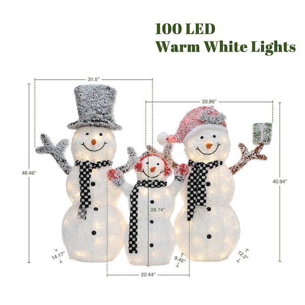 LuxenHome 46 in. 3-Piece Lighted Snowman Family, White Tinsel