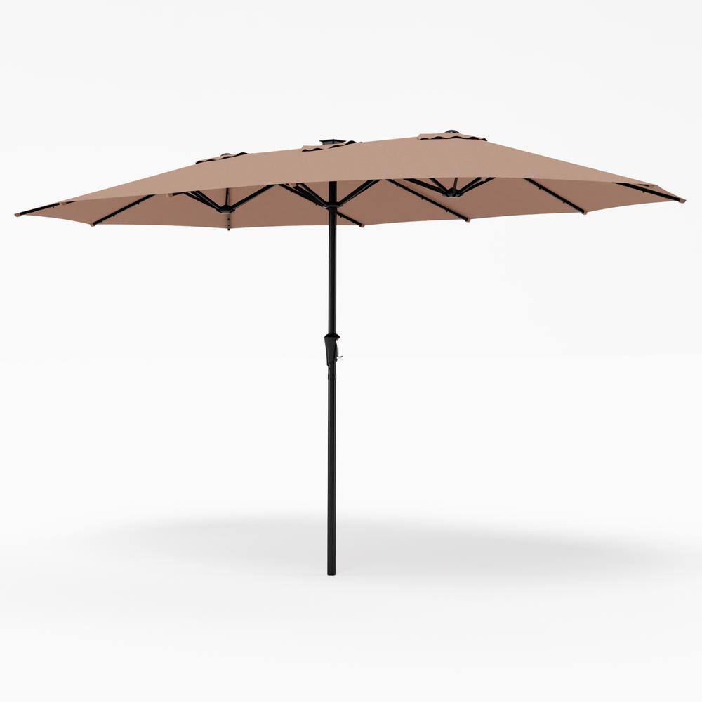 PHI VILLA 15 ft. Market Patio Umbrella With Lights No Weights in Beige THDE02GM018M