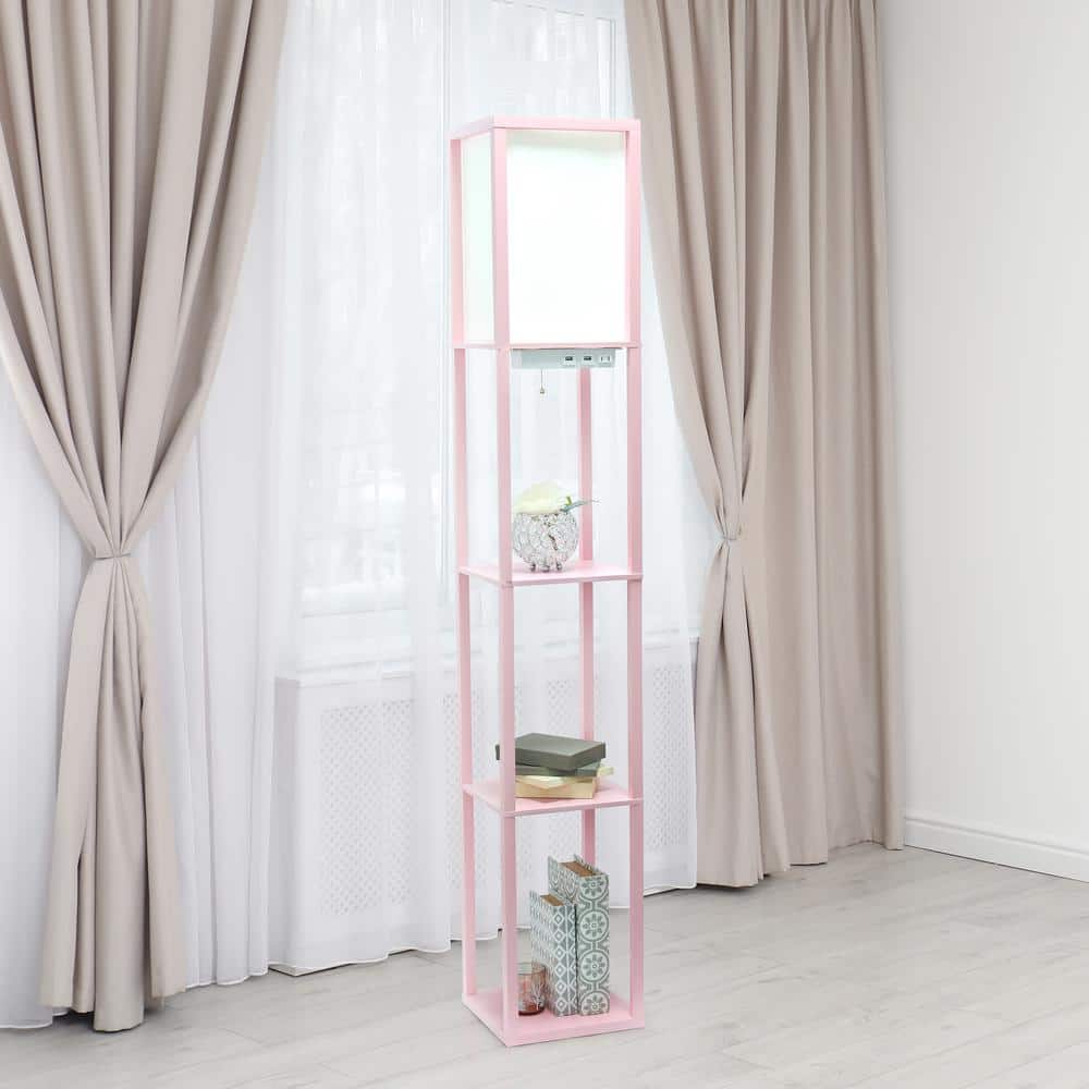 Light Pink Etagere Floor Lamp with USB Ports and Linen Shade