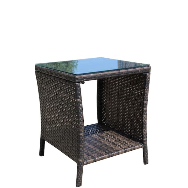 Unbranded Brown Wicker Rattan Outdoor Coffee Table Patio Side Table with Clear Tempered Glass and Storage Space