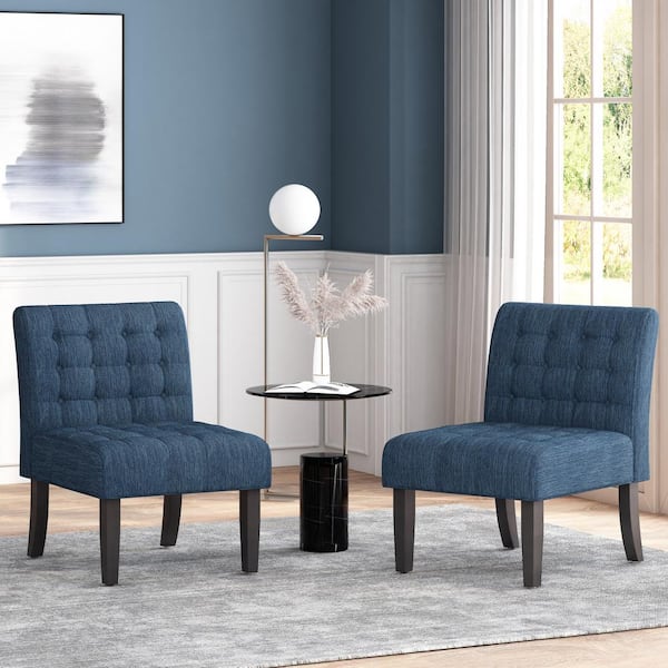 Noble House Loverin Navy Blue and Matte Black Tufted Slipper Chairs (Set of 2)