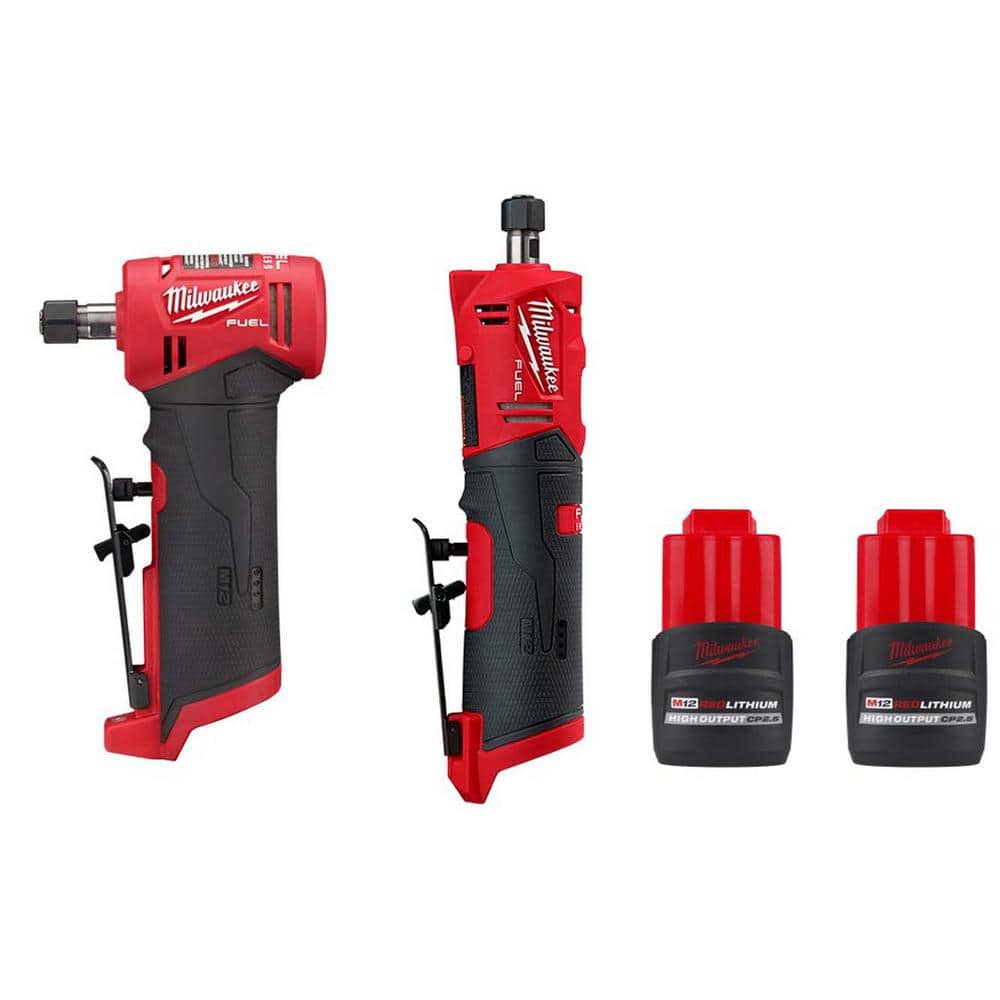 Milwaukee M12 FUEL 12V Lithium-Ion Brushless Cordless 1/4 in. Right & 1/4 in. Straight Die Grinders w/(2) M12 CP 2.5 Ah Batteries -  2485-2486-2425