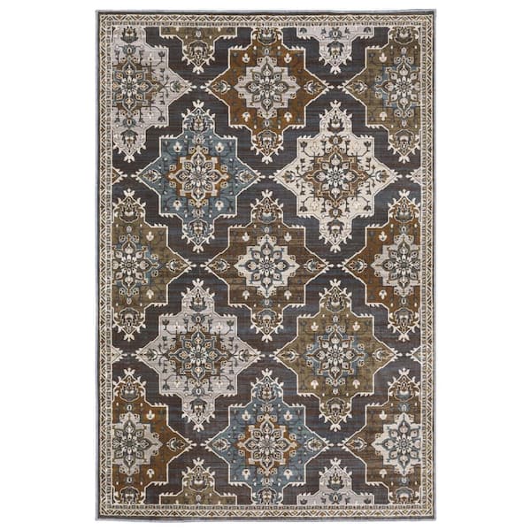 AVERLEY HOME Edgewater Blue/Rust 5 ft. x 8 ft. Geometric Oriental Trefoil Medallion Polyester Indoor Area Rug