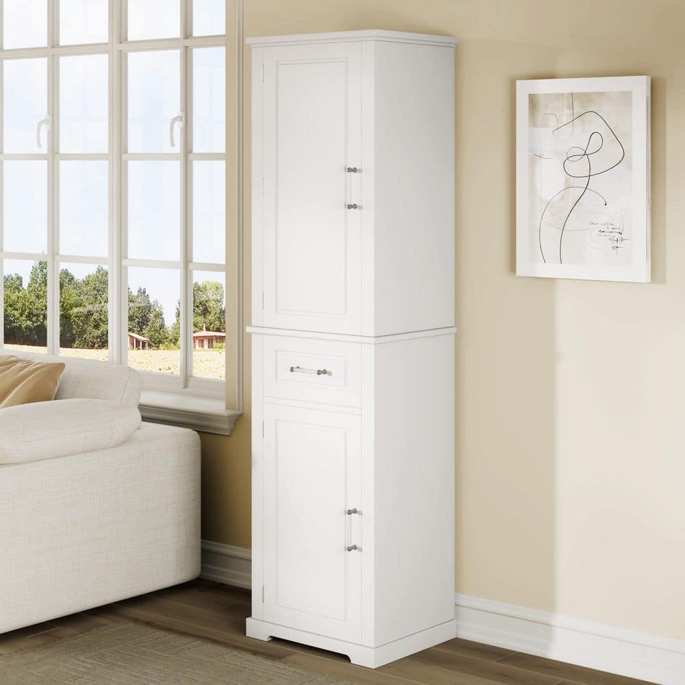 White 72.1 in. H Accent Cabinet, Bathroom Storage Cabinet with 2-Different Size Doors and Adjustable Shelf