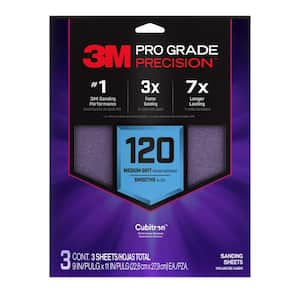 Pro Grade Precision 9 in. x 11 in. 120 Grit Faster Sanding Sheet With No-Slip Grip Backing (3-Pack)