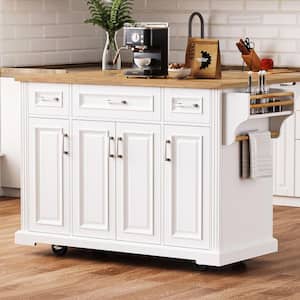 White Wood Top 54.1 in. Kitchen Island with Towel Rack and Drop Leaf