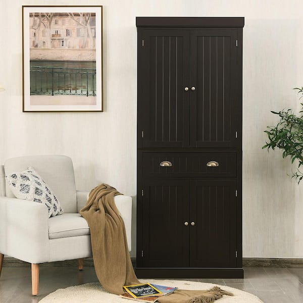 Espresso Wooden 30 in. Kitchen Pantry Cabinet Cupboard Freestanding With Shelves