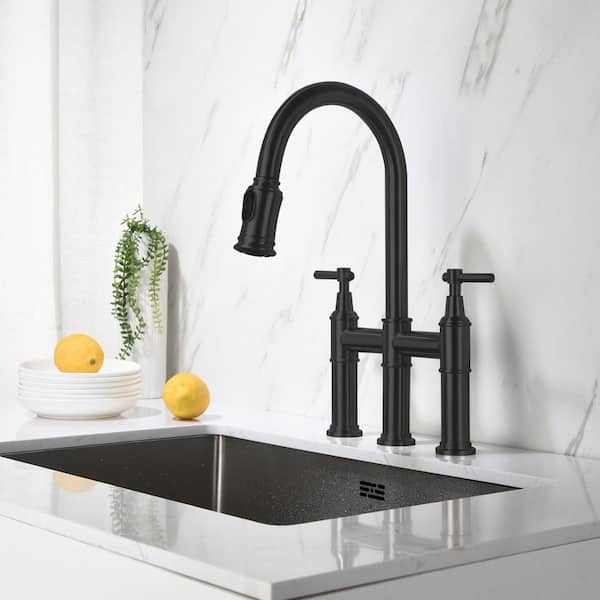 Double Handles Gooseneck Pull Down Sprayer Kitchen Faucet in Matte Black Widespread Bridge Faucets for 3-Hole