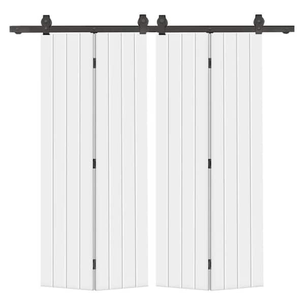 40 in. x 80 in. Hollow Core White Painted MDF Composite Modern Bi-Fold Double Barn Door with Sliding Hardware Kit
