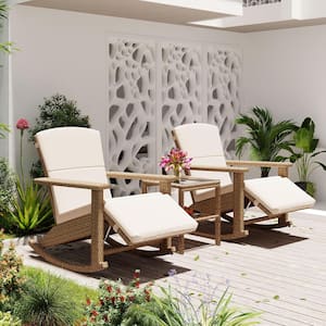3-Piece Natural Wicker and Metal Outdoor Rocking Chair with Leg-Rest, Tempered Glass Coffee Table, Beige Cushions