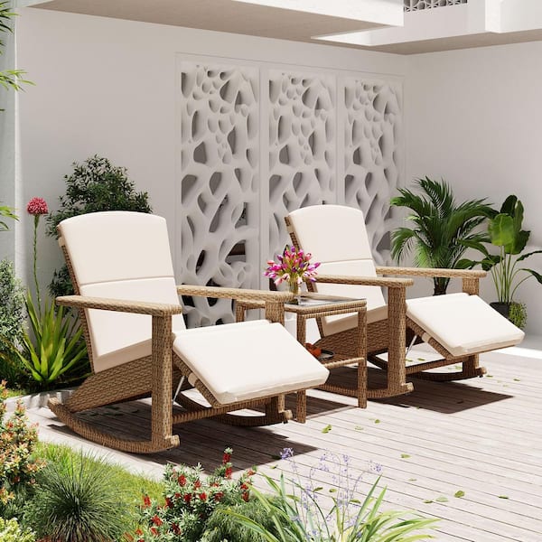 Harper & Bright Designs 3-Piece Natural Wicker and Metal Outdoor Rocking Chair with Leg-Rest, Tempered Glass Coffee Table, Beige Cushions