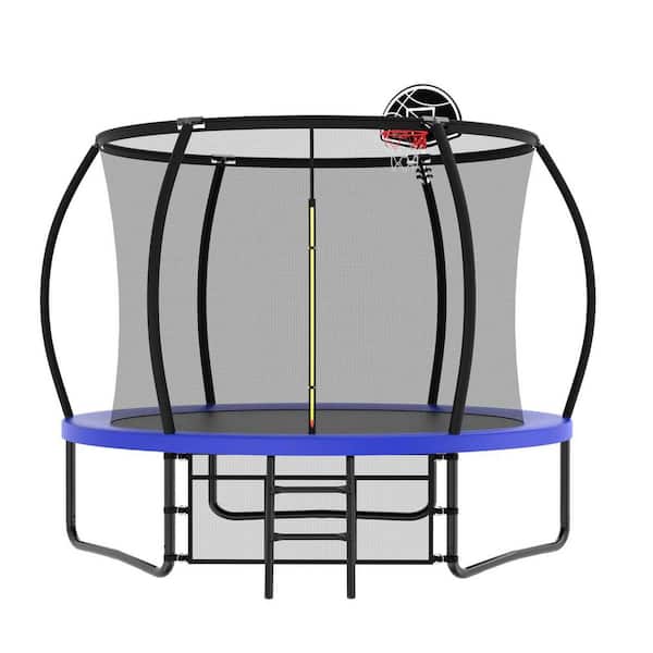 Unbranded 10 ft. Outdoor Recreational Trampoline with Basketball Hoop Enclosure Net Ladder for Kids Adults for Garden, Blue