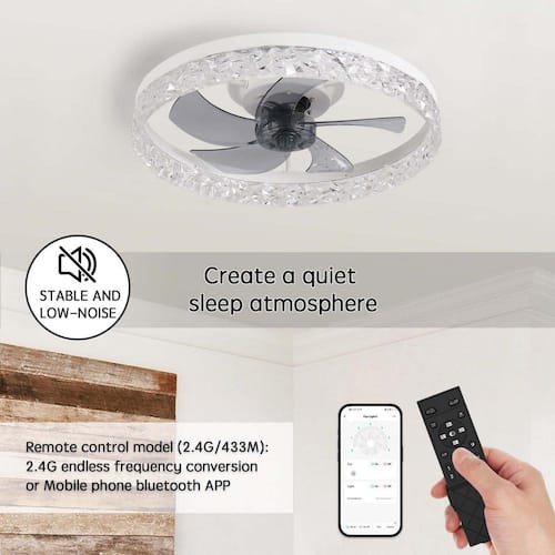 19.69 in. White Pleated Crystal LED Indoor Ceiling Fan with Light and ABS Blades,Remote Control for Living Room Ceiling Fans