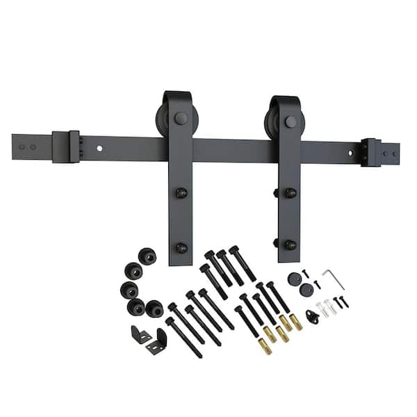 American Pro Decor 78 in. Black Solid Steel Rolling Barn Door Hardware Kit for Single Wood Doors with Non-Routed Adjustable Floor Guides