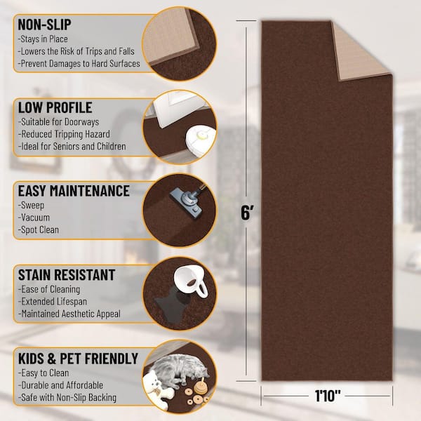 Basics Collection Non-Slip Rubberback Modern Solid Design 2 x 6 Indoor Runner Rug, 1 ft. 10 in. x 6 ft., Brown