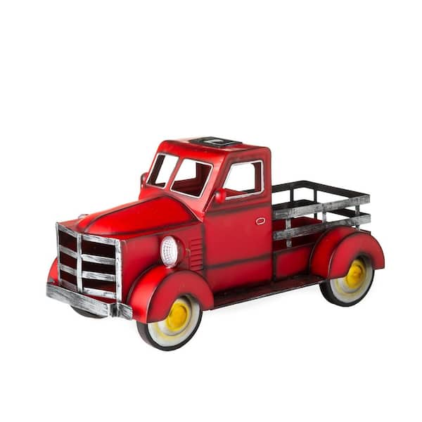 Evergreen Enterprises Vintage Style Pickup Truck Garden Statue Accent With Solar Headlights - Red