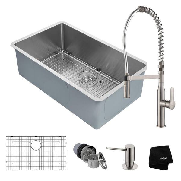 KRAUS Handmade All-in-One Undermount Stainless Steel 32 in. Single Bowl Kitchen Sink with Faucet in Stainless Steel