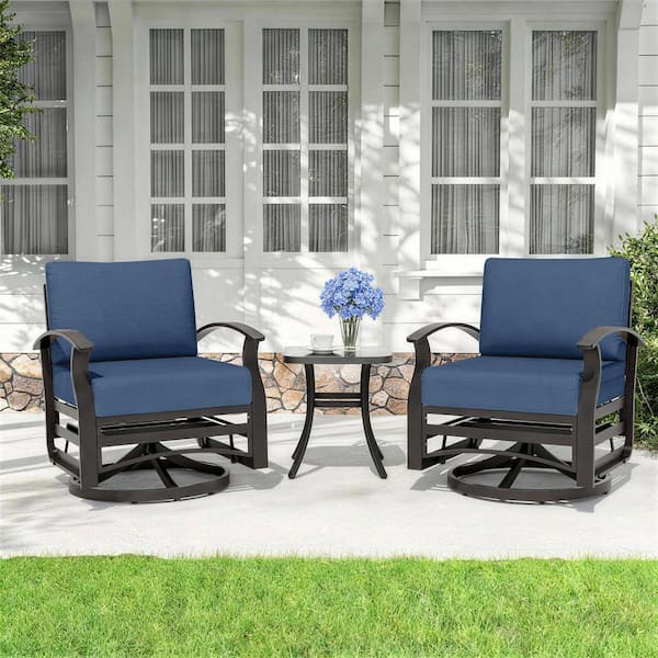 3-Piece Aluminum Outdoor Rocking Chair Set with Swivel, Black Tempered Glass Table Top and Cushion Navy