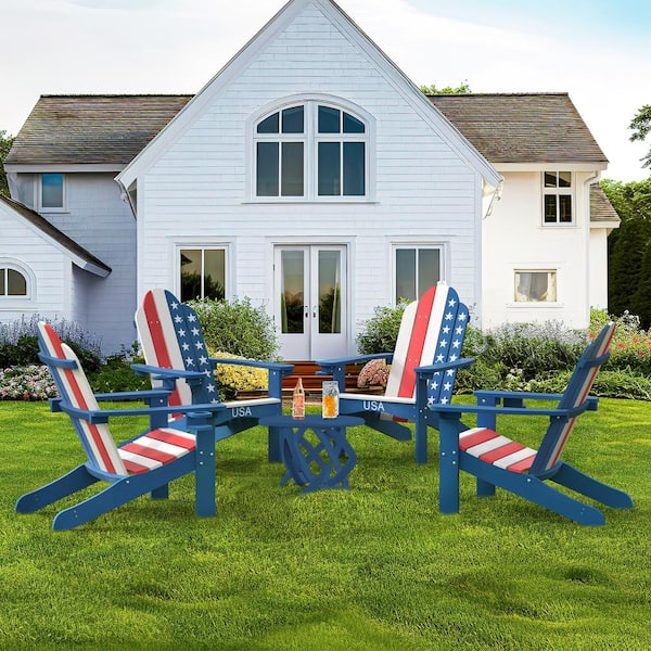 LUE BONA Hampton Curve back Stars And Stripes HDPS Plastic Outdoor Patio Adirondack Chair with Cup Holder Fire Pit Chair Set of 4