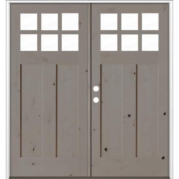 72 in. x 80 in. Knotty Alder Right-Hand/Inswing Double 6-Lite Clear Glass Weathered Gray Stain Wood Prehung Front Door