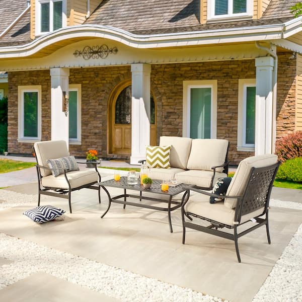 Patio Festival 4-Piece Metal Patio Conversation Set with Beige Cushions