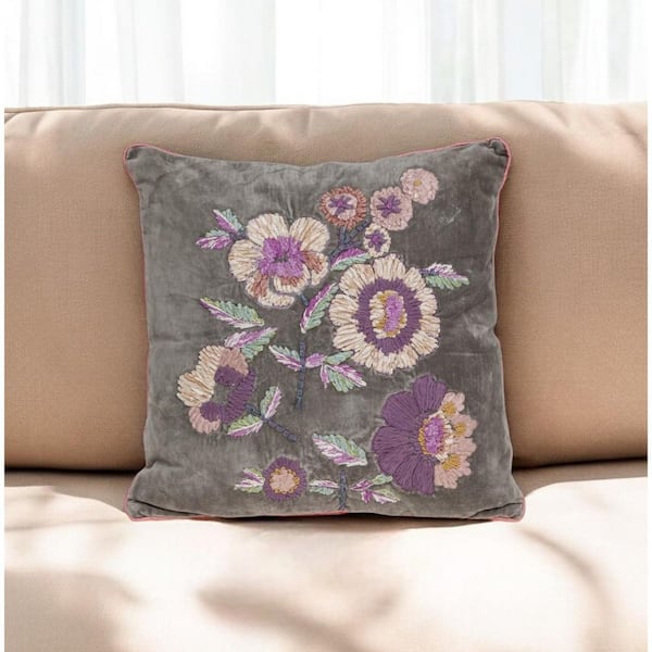 Taupe, Purple Floral Polyester 18 in. x 18 in. Throw Pillow
