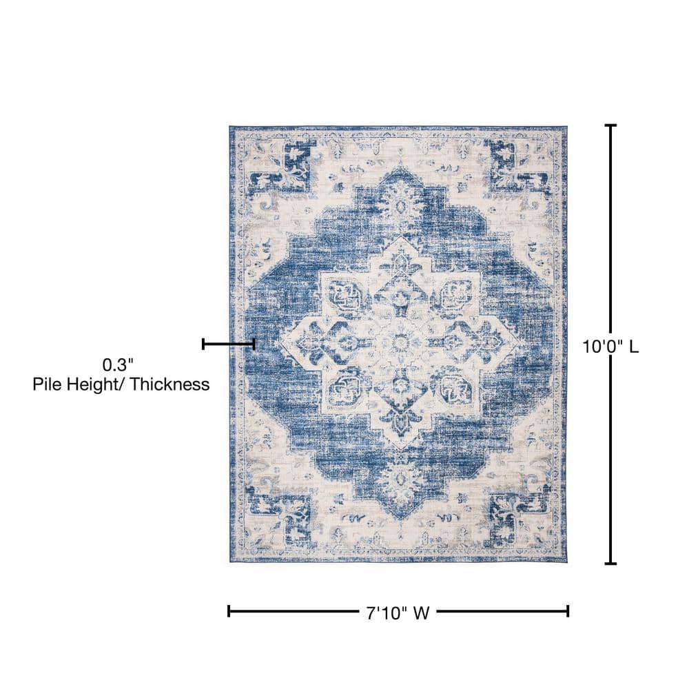 Ivory and Navy Synthetic Hand-Knotted Square Area Rug