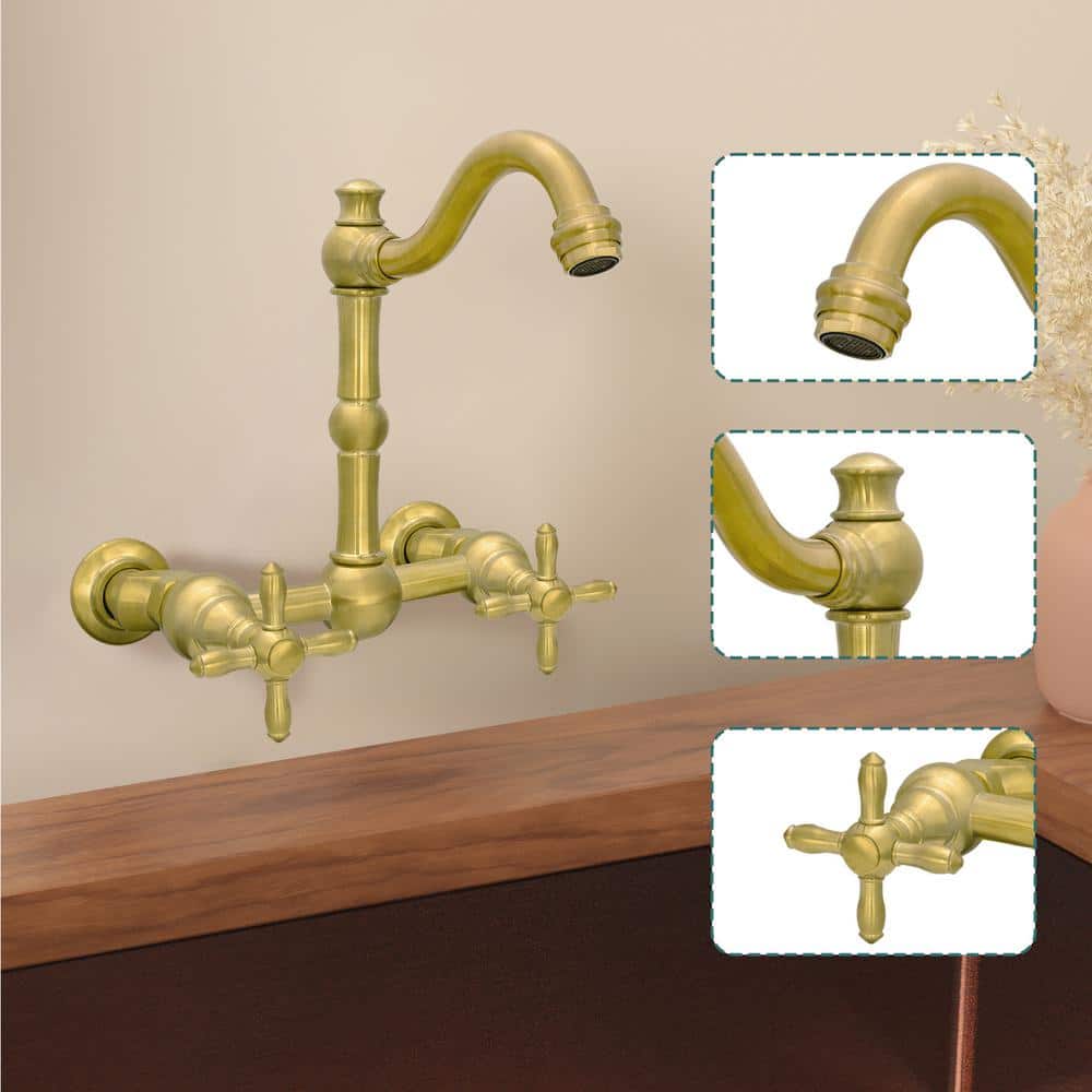 Brass Gold Wall Mount Bathroom Faucet with Dual Handles