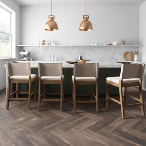 Linus 36 in. Modern Upholstered Counter Height Bar Stool with Back and Solid Wood Legs, Natural Flax/Brown, Set of 4