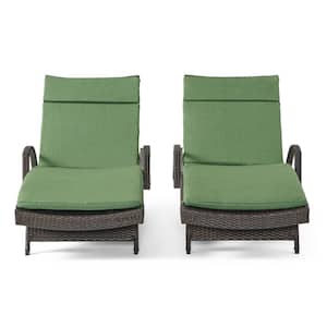 Miller Multi-Brown 2-Piece Faux Rattan Outdoor Chaise Lounge Set with Jungle Green Cushions and Armrest