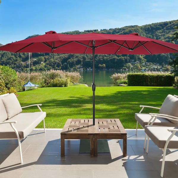Unbranded 15 ft. x 9 ft. Market Patio Umbrella in Burgundy Large Double-Sided Rectangular Outdoor Twin Umbrella