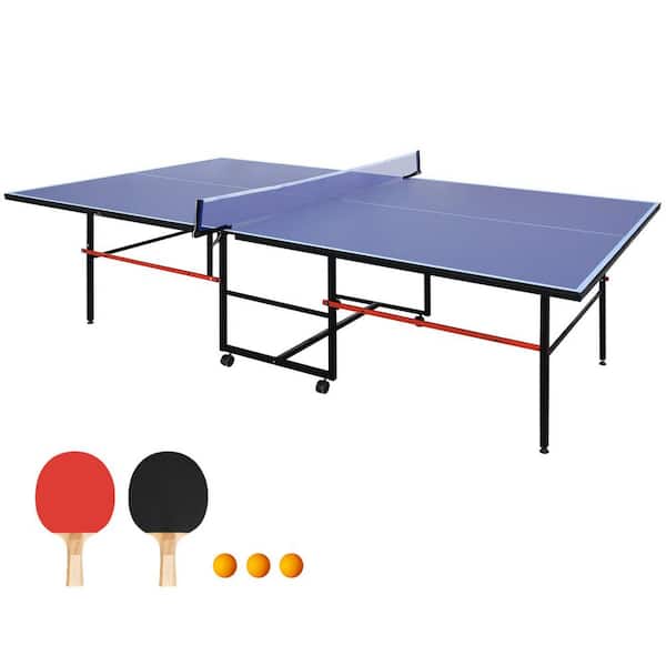 Blue 9 Ft Portable Ping Pong Table, Ping PongTables with 2 Balls, 1 Net, Post Set and 4 Wheels