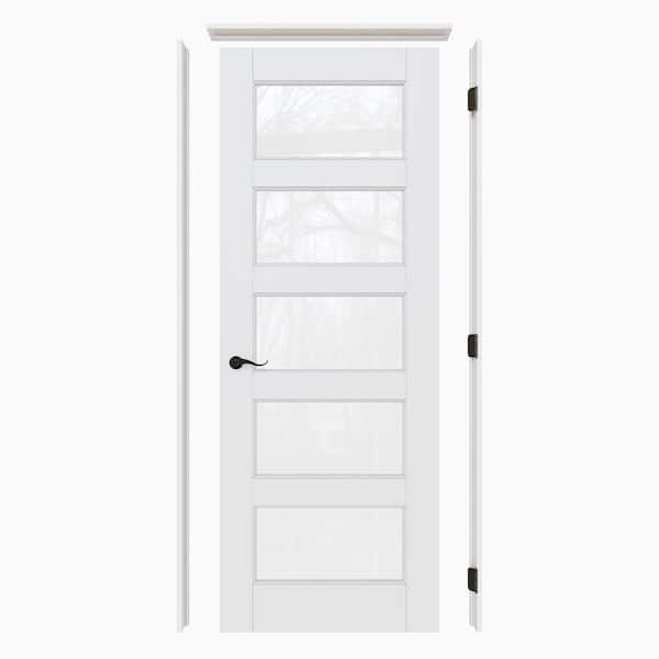 32 in. x 80 in. 5-Lite Clear Glass Left White Solid Core Wood Single Interior Door Kit with Quick Assemble Jamb