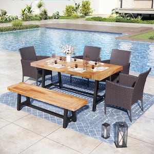 Black 6-Piece Metal Patio Acacia Wood Outdoor Dining Set with Rectangular Table, 4 Rattan Chairs and Long Bench