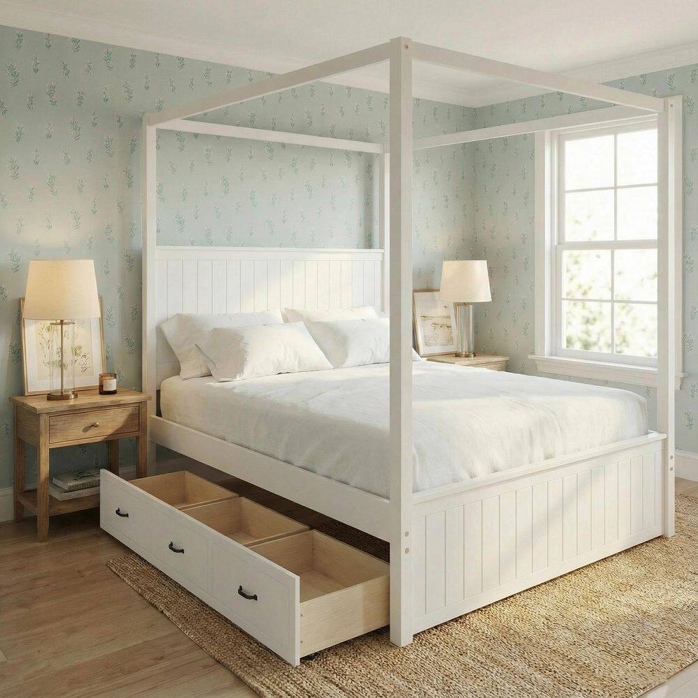 White Wood Frame Queen Size Modern Canopy Bed with Headboard, Trundle and 3-Drawers price history on PriceWatchPro