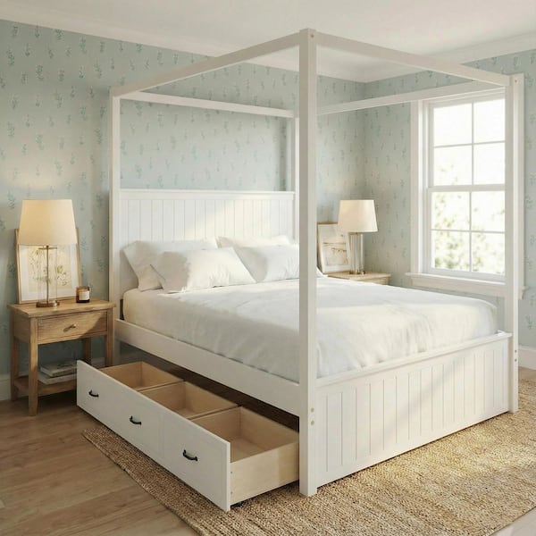 White Wood Frame Queen Size Modern Canopy Bed with Headboard, Trundle and 3-Drawers