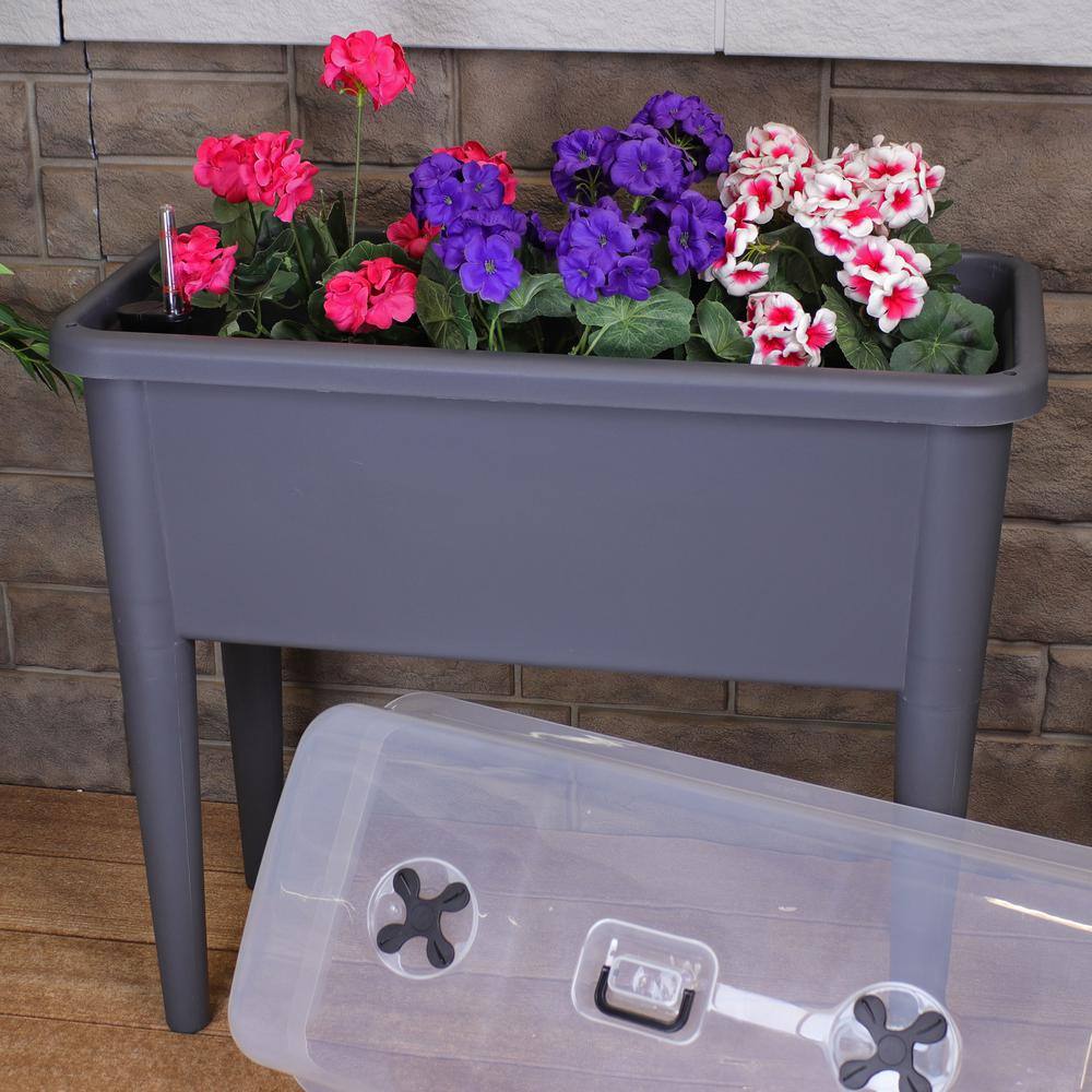 Gray Plastic Self-Watering Raised Garden Bed with Cloche Cover
