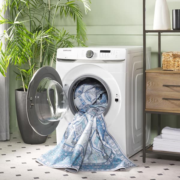 Arizona 5 ft. x 8 ft. Beige/Blue Machine Washable Traditional Medallion Oval Area Rug