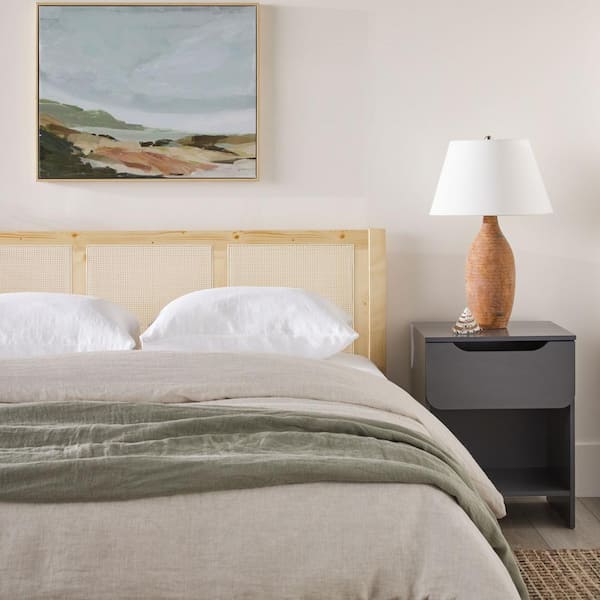 Modern Beige Wood Frame Queen Platform Bed with Wood and Rattan Panel Headboard