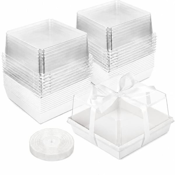7x7x4 in Paper Cake Boxes with Clear Lids, 20-Pack Square White Takeout Containers for 4-6 in Cakes