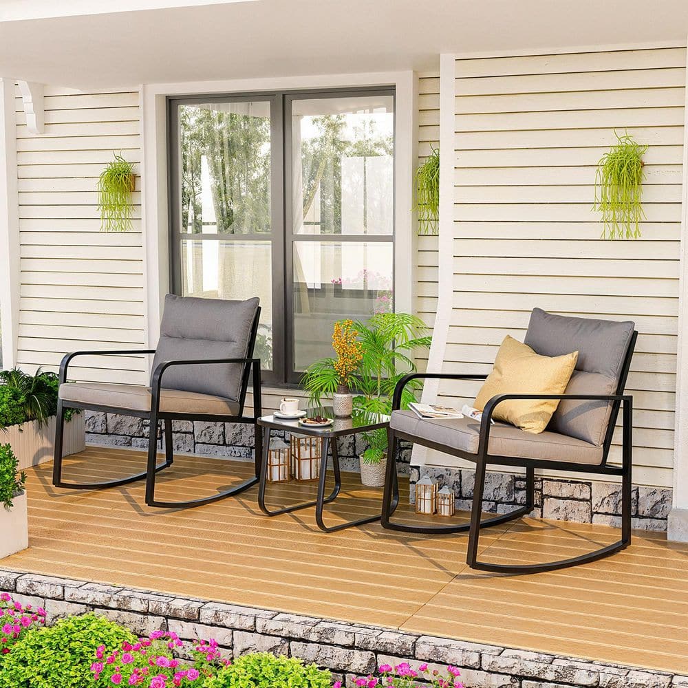 3-Piece Metal Outdoor Bistro Set with Gray Cushion, Rocking Chair with Coffee Table, for Balcony, Backyard price history on PriceWatchPro