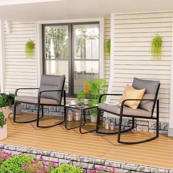 Lofka 3-Piece Metal Outdoor Bistro Set with Gray Cushion, Rocking Chair with Coffee Table, for Balcony, Backyard