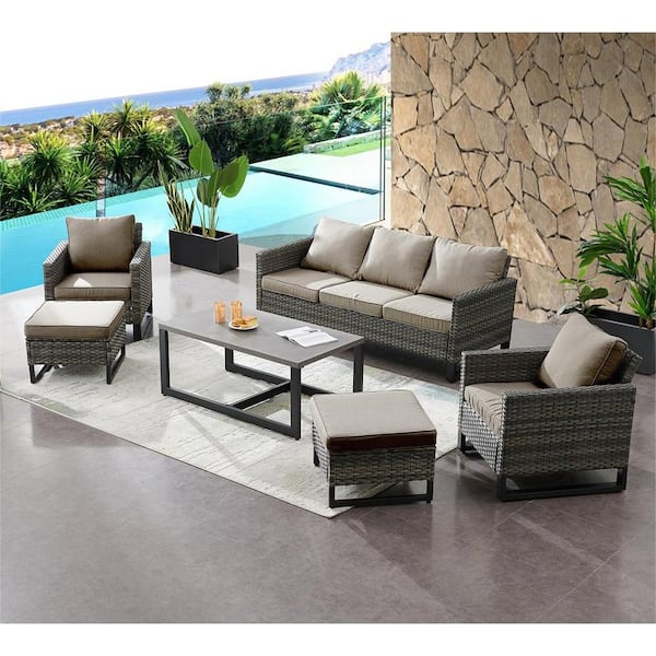 Valente Gray 6-Piece Wicker Patio Conversation Set with Cushion Guard Gray Cushions